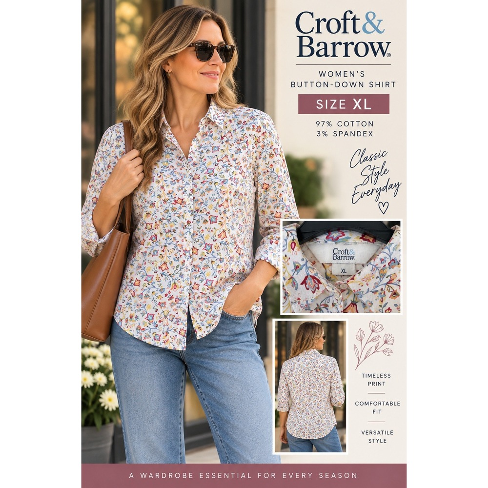 Croft & Barrow Womens XL Floral Button Down Shirt White Multi Cotton Stretch